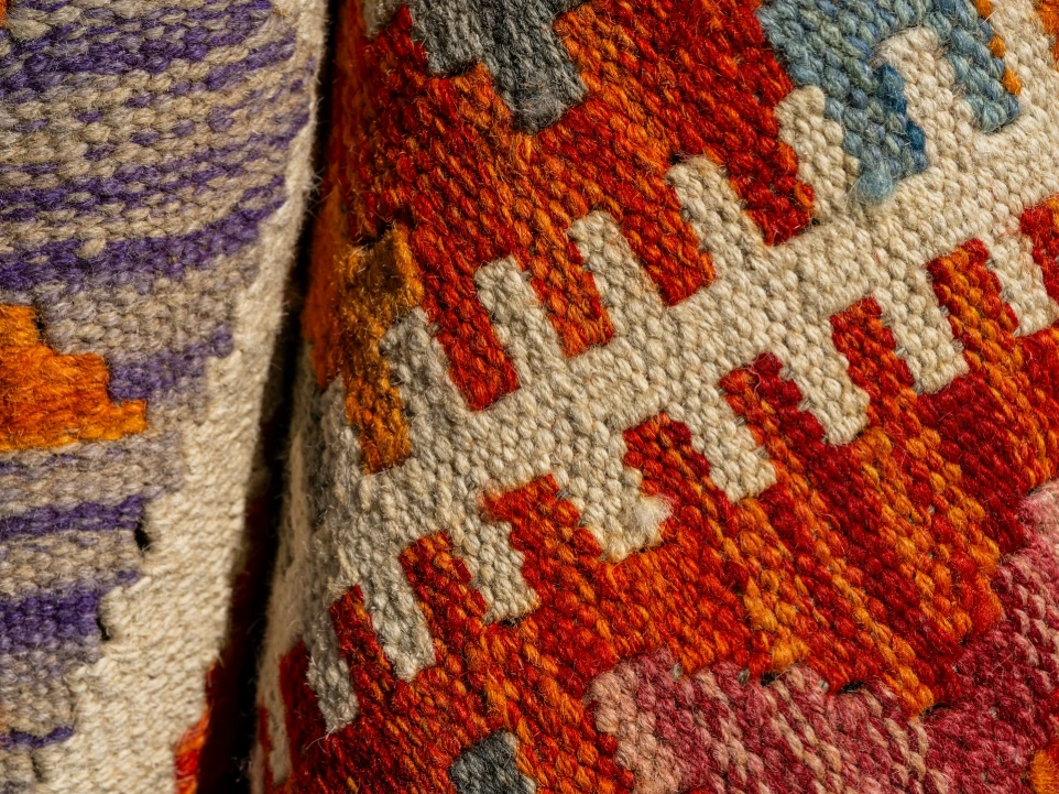 Close-up of hand-knotted woven carpet texture