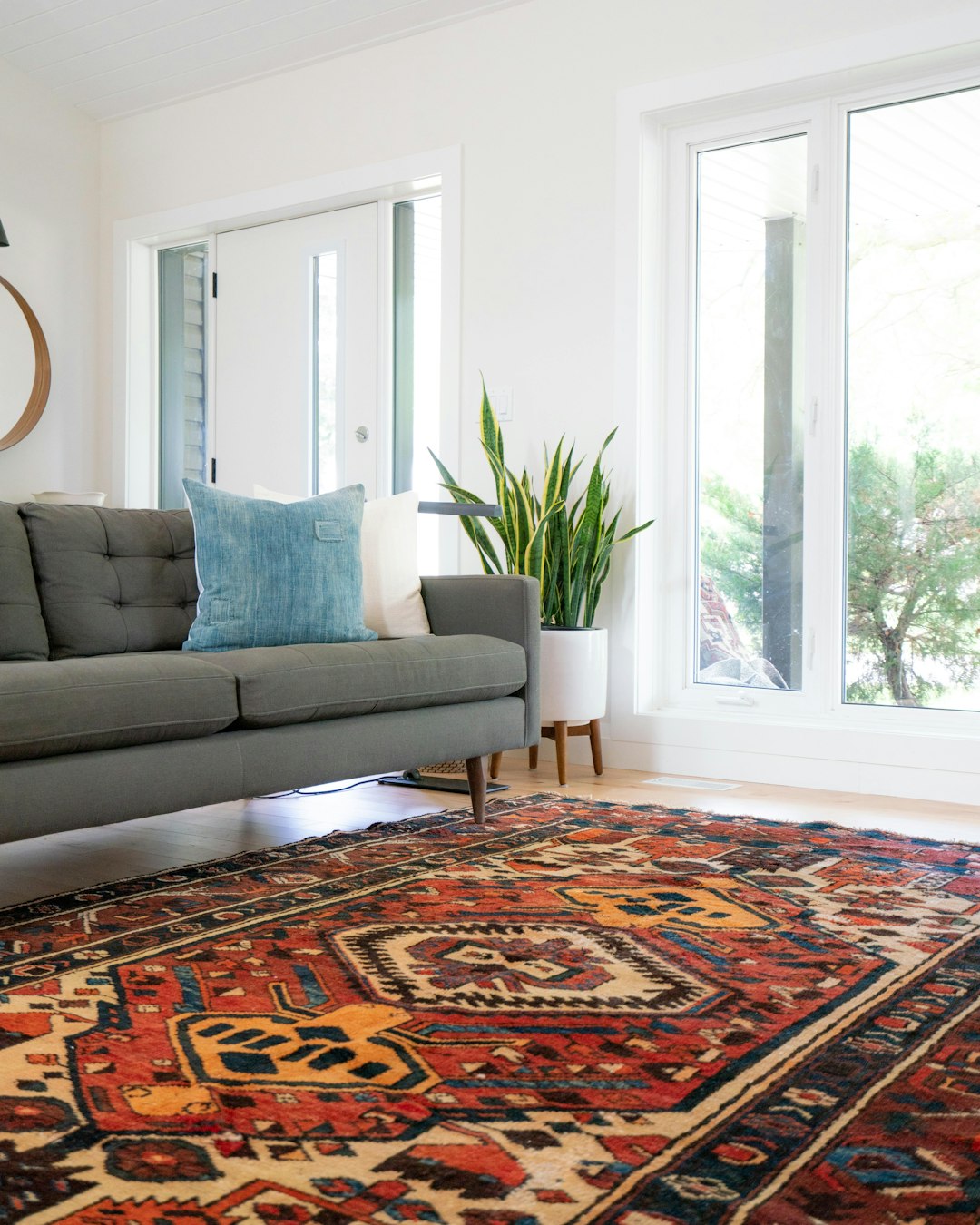 Luxury living room styled with a handwoven rug